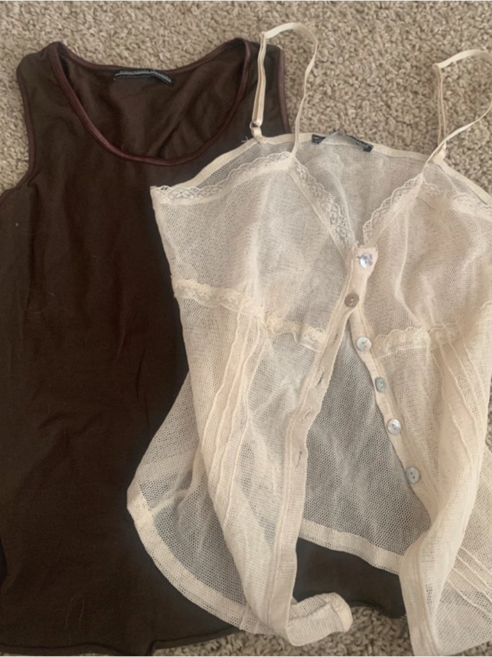 Cream Lace-Trim Sheer Cami with Brown Tank Layering Set